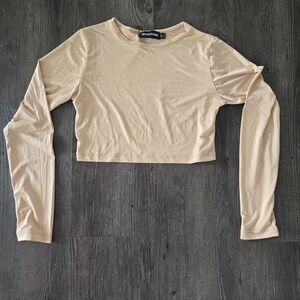 PrettyLittleThing Nude Long Sleeve Crop Top